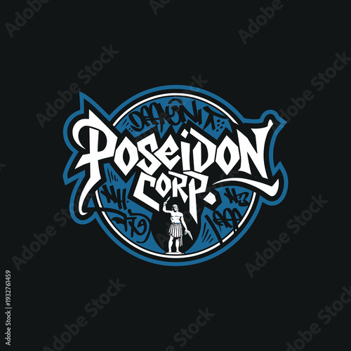 Poseidon Corp. graffiti style typography with trident statue in a circle vector design