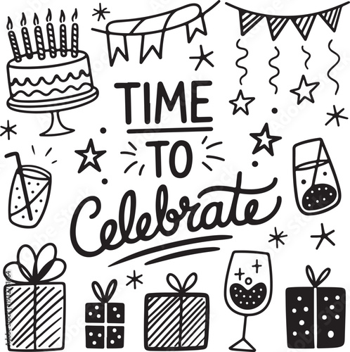 Time to celebrate party illustration with gifts and drinks