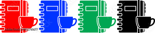Spiral notebook and coffee cup icons set in multiple colors for office and education design concepts