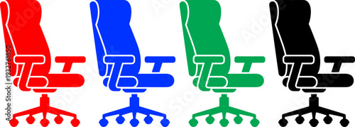 Office chair icons collection in red blue green and black colors flat vector illustration furniture