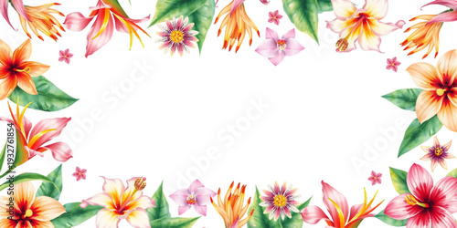 Watercolor summer frame with tropical flowers. Horizontal vector divider, headers, invitations, perfect for seasonal design. Vector.