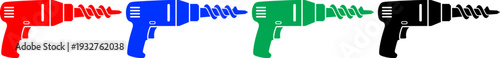 Colorful collection of electric power drill icons in red blue green and black for hardware catalogs