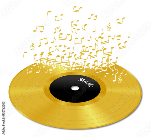 Abstract gold vinyl record with notes, transparent background