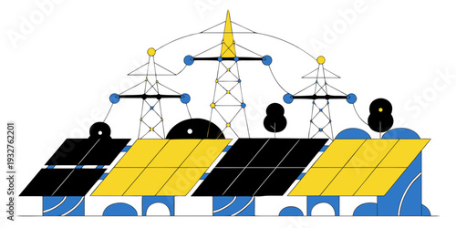 Solar panels connected to a network of wind turbines generating renewable energy