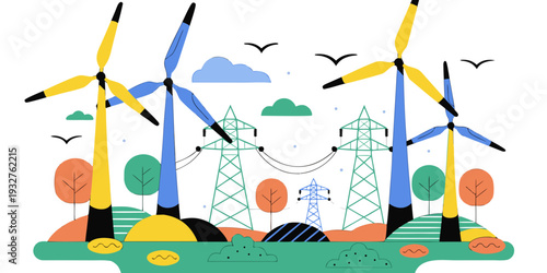 Wind turbines and solar panels generating clean energy in a sustainable environment