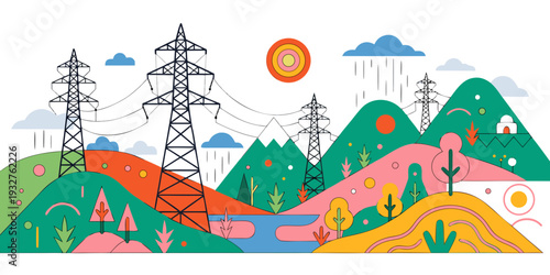 A vibrant landscape with colorful hills, wind turbines, and a sunrise
