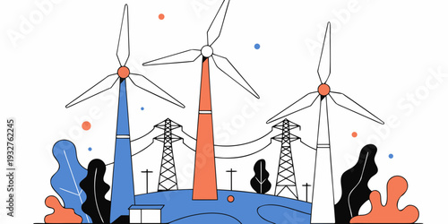 People observing wind turbines and power lines against a blue sky