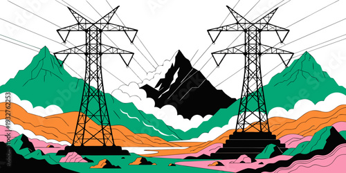 A serene landscape with a winding river and majestic mountains in the background.