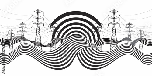 Abstract art depicting the interaction of energy and nature with power lines and waves
