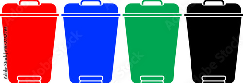 Four pedal bins in red, blue, green, and black colors for waste disposal and recycling
