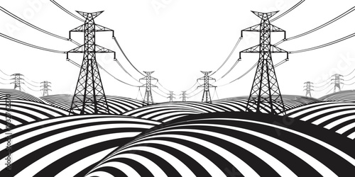A surreal landscape featuring towering electrical pylons amidst a field of black and white stripes