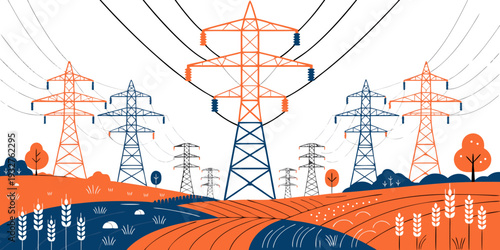 Wind turbines and solar panels generating renewable energy in a green landscape