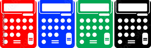 Pocket calculator silhouette set with round buttons and display screen in four colors for business use