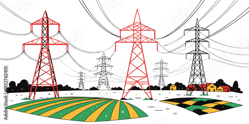 A vibrant illustration of various power transmission towers in a lush green landscape.