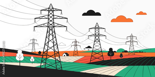 Power lines stretching across a landscape with birds and wind turbines in the background.