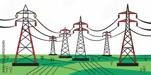 Electricity towers standing tall in a green field under a clear blue sky