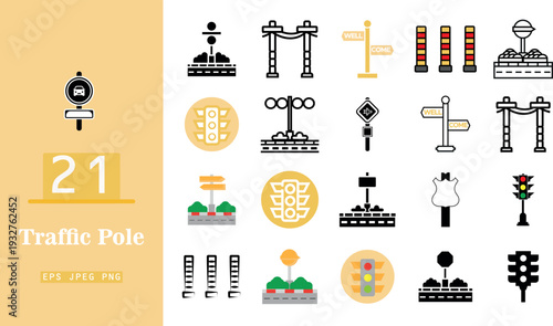 A set of twenty one traffic pole and road sign icons with flat minimalist vector design