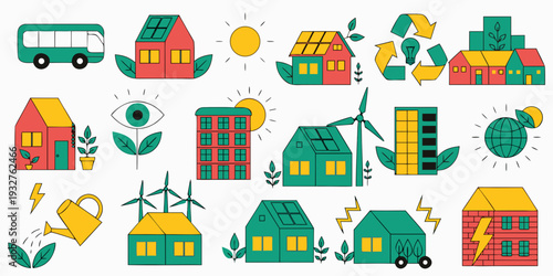 A vibrant and diverse collection of various types of houses and buildings.