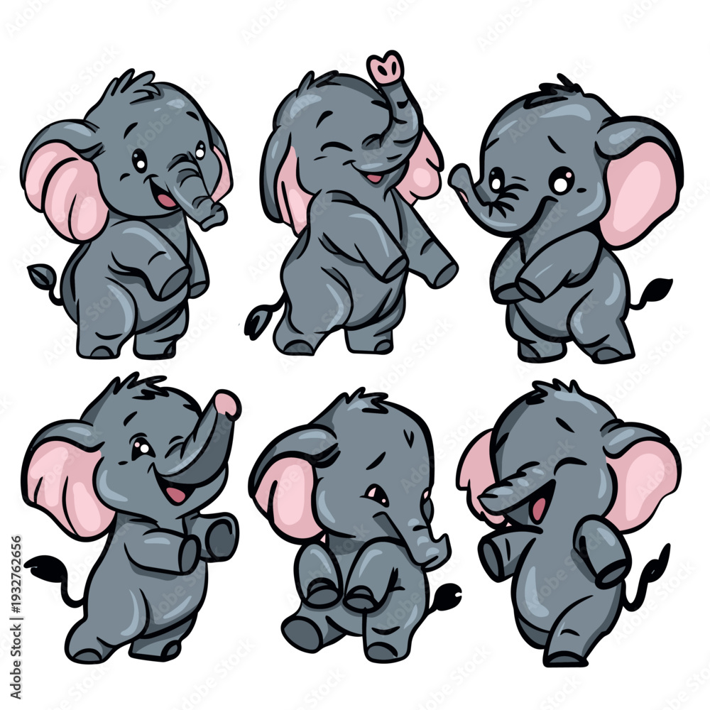 Naklejka premium Cute Baby Elephant Collection - Set of 6 Adorable Cartoon Elephants in Playful Poses