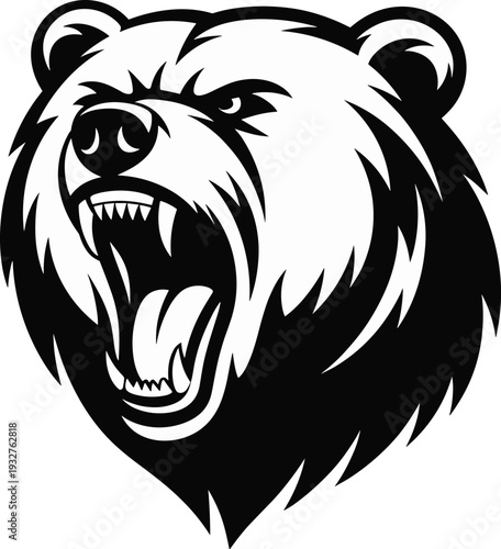 Roaring bear head silhouette vector illustration with fierce expression showing strength aggression and dominance