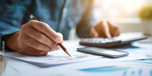 A close-up of hands working at a desk with financial documents, a calculator, and a smartphone. Background on finance, accounting, analysis, business, planning, budgeting, taxes, and management