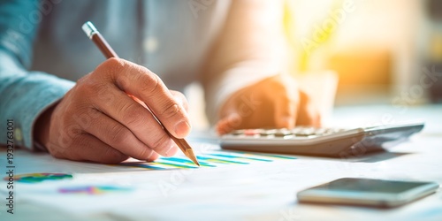 A close-up of a man doing financial calculations at a desk using a pencil and calculator. Background for topics related to business, accounting, administration, management, planning, and work