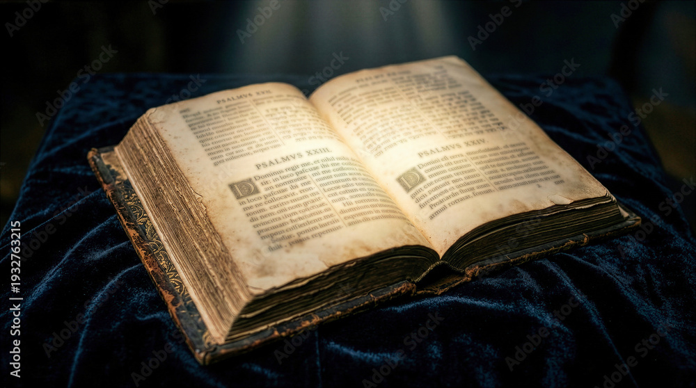 Obraz premium Open ancient Bible with Latin text, Psalms 23 and 24 on weathered paper, golden light on old scriptures, holy book on blue velvet, Christian faith, Good Friday, religious concept.