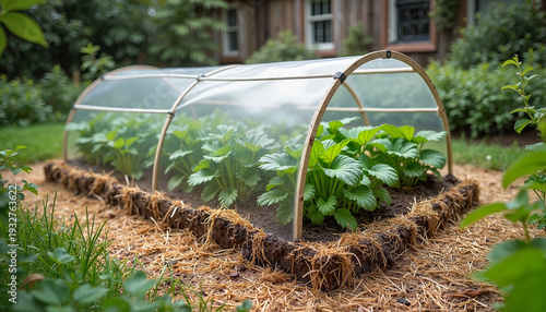 Vegetable garden with a protective cover in a lush backyard
