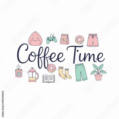 Stay Home concept lettering with cute lifestyle doodles including a cat game controller plant socks book and ramen bowl representing comfort and relaxation during quarantine or weekend at home