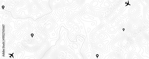 Topographic map with airplanes and location markers