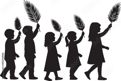Childrens silhouette carrying palm leaves, Palm Sunday procession illustration