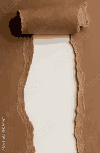 Torn brown paper background with ripped edges, vertical hole in craft paper with copy space, realistic textured cardboard reveal