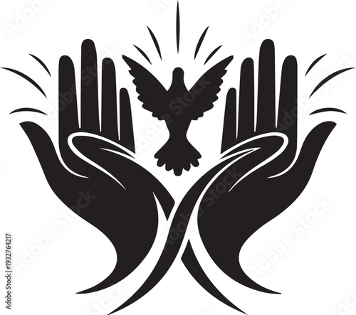 Hands releasing dove vector silhouette illustration holy spirit symbol line art graphic