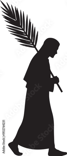 Jesus christ walking with palm branch vector silhouette illustration religious line art