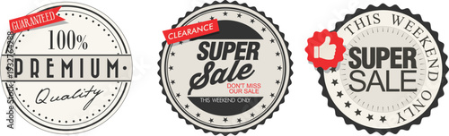 Three circular sale stamps with premium quality and super sale labels