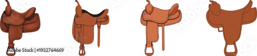Watercolor Brown leather horse saddle featuring stirrup, representing equestrian equipment for riding and horseback activities set isolated on white background
