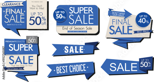 Collection of blue and white sale signs and stickers