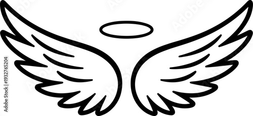 Angel wings with halo in simple black outline style