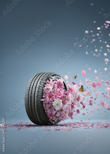  summer tires - time for summer tires. Poster with copy space.