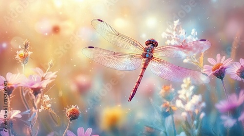 delicate dragonfly with translucent wings hovering over pastel wildflowers in a dreamy sunlit meadow, ethereal bokeh and soft sparkling light, peaceful and whimsical