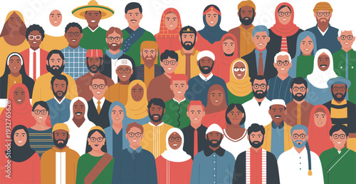 Diverse Multicultural Community Portrait Illustration, Inclusive People of Different Ethnicities, Smiling Men and Women Group Avatar Flat Design Artwork
