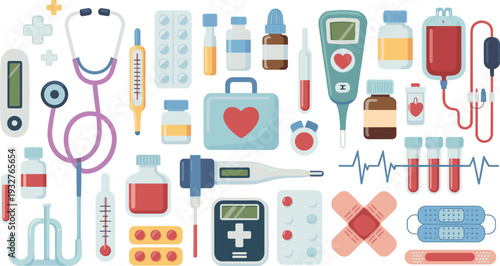 Medical Healthcare Equipment Illustration, Hospital Tools, First Aid Kit, Stethoscope, Thermometer, Blood Bag, Medicine Bottles Flat Design Vector Set