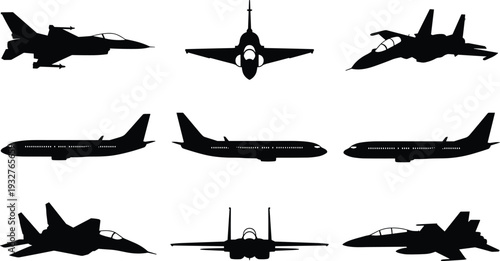 Military and Commercial Aircraft Silhouettes Set, Fighter Jets and Passenger Airplanes Black Vector Icons Isolated on White Background