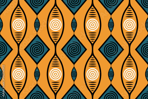 Seamless African inspired geometric pattern with orange teal and white abstract shapes