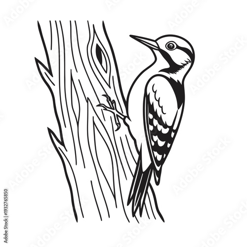 Vector illustration of a woodpecker on a tree trunk
