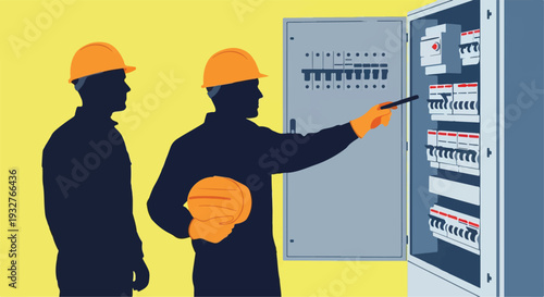 Two male electricians in hard hats inspecting an open electrical control panel with fuses. isolated PNG with Transparent Background