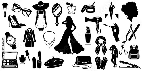 Large set of fashion and beauty silhouettes, including makeup icons, cosmetics, women's accessories, high heels, dresses, and salon equipment isolated