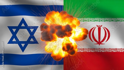 Explosion between israel and iran flags concept of military conflict