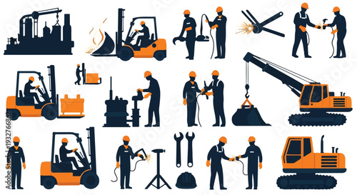 Set of Industrial Workers, Heavy Machinery, and Construction Equipment Vector Illustration isolated PNG with Transparent Background