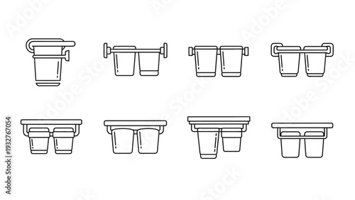 Collection of minimalist line art vector icons depicting various designs for wall mounted trash bin holders and double waste receptacles systems